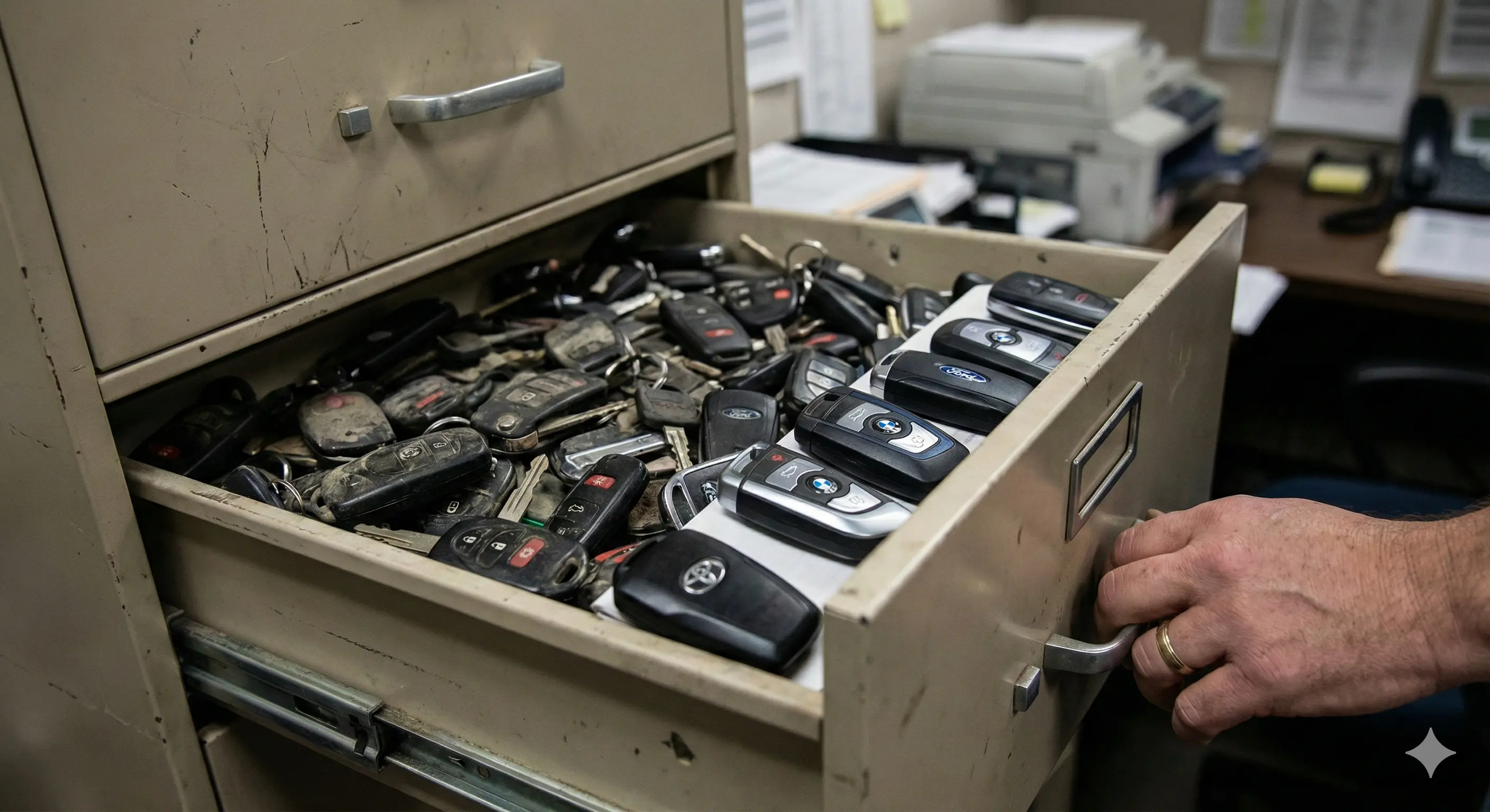 Hand opening a dealership desk drawer overflowing with used OEM key fobs from trade-ins