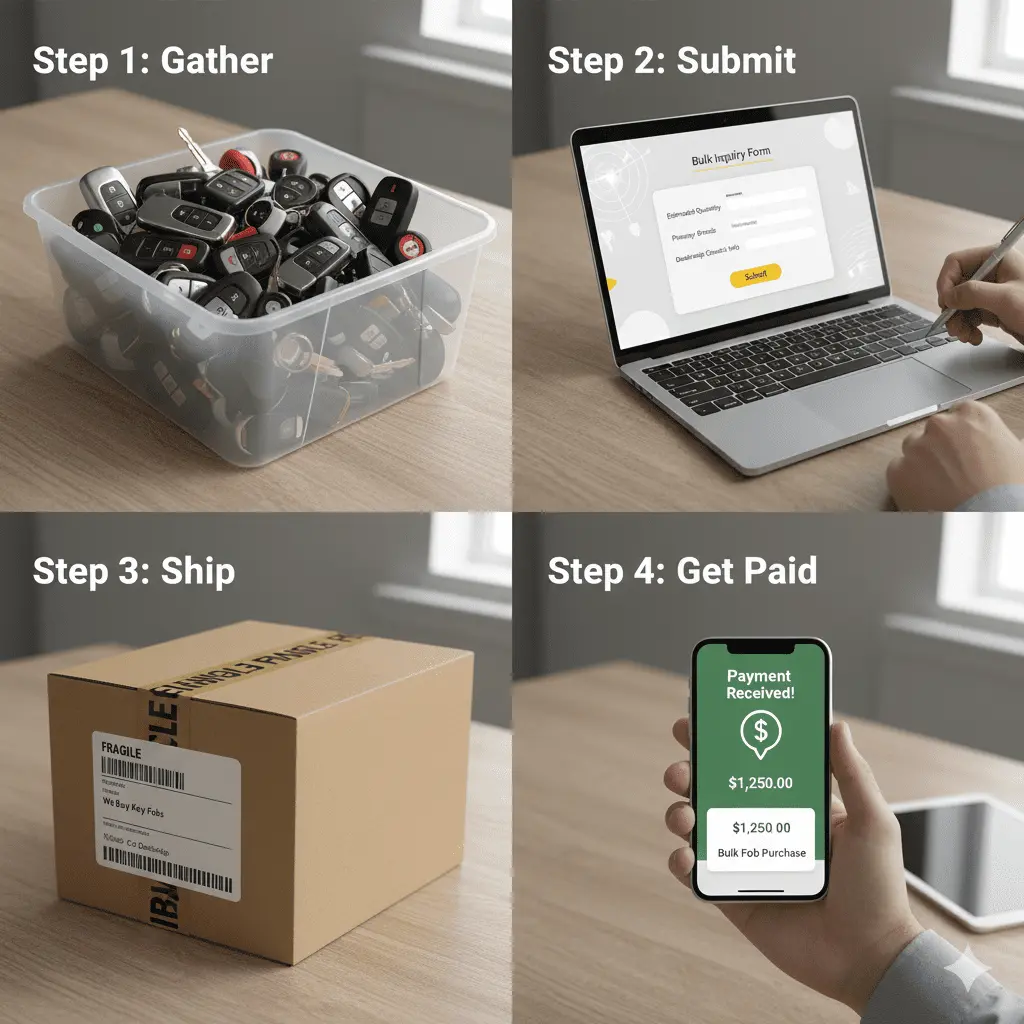Four-step process for dealerships to sell used key fobs: gather fobs, submit inquiry, ship items, and receive payment
