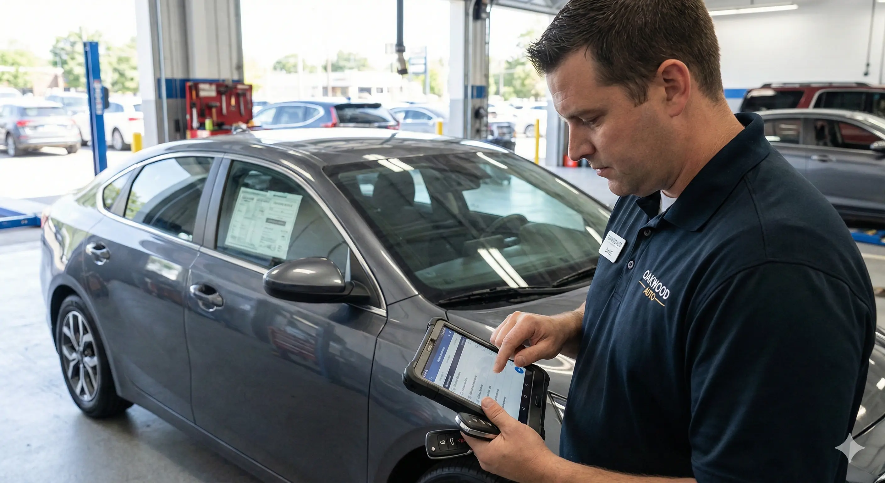 Dealership employee logging traded-in car key fobs on a tablet during the vehicle intake process