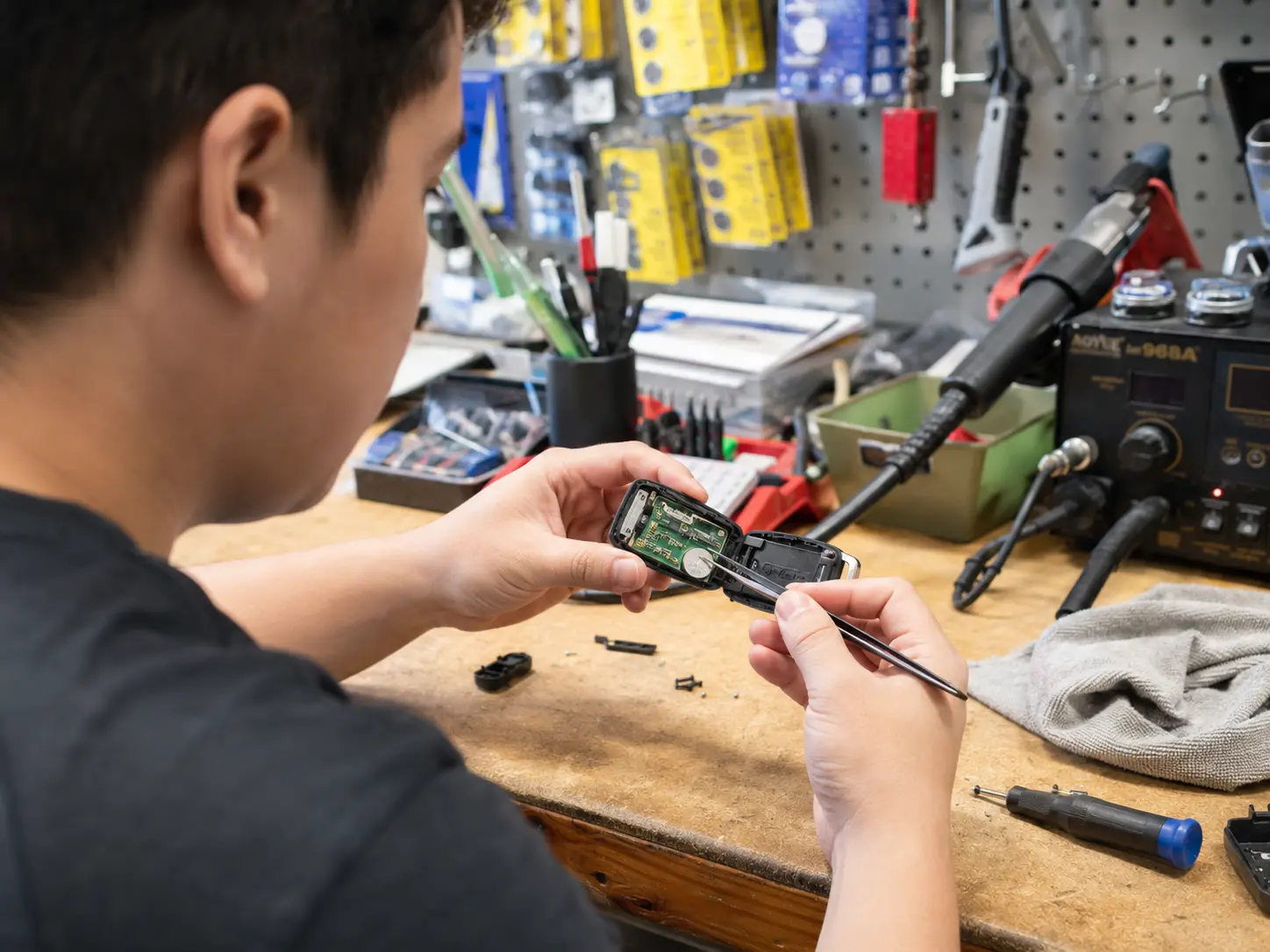 Technician working on an opened OEM key fob
