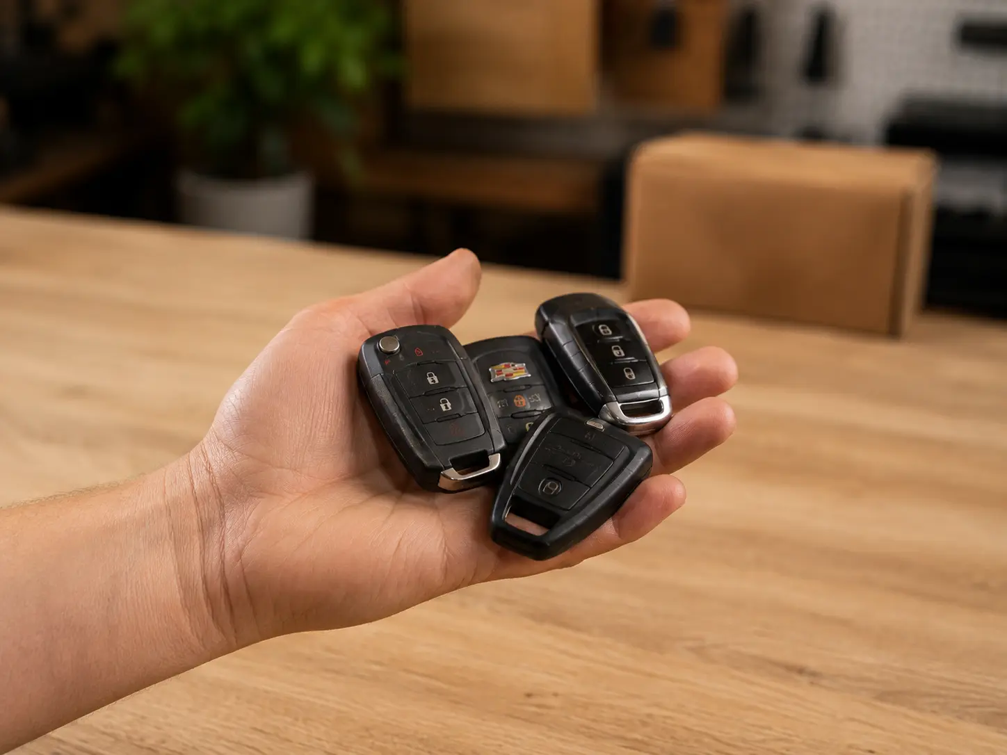Person holding a small collection of used automotive key fobs