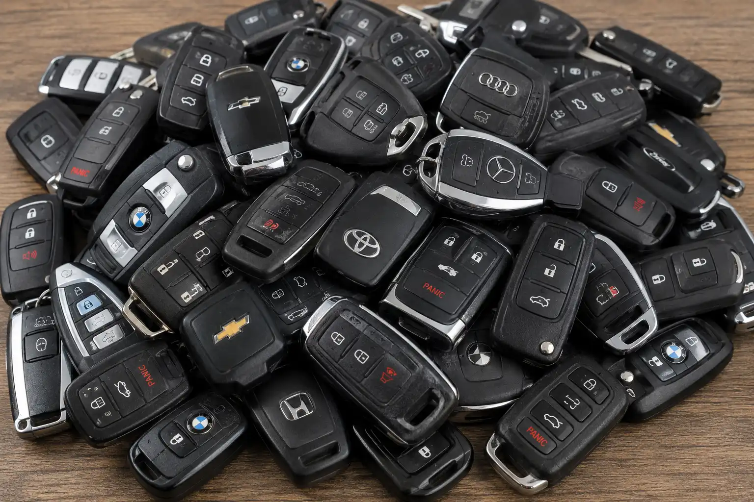 A large assortment of used OEM vehicle key fobs ready for processing