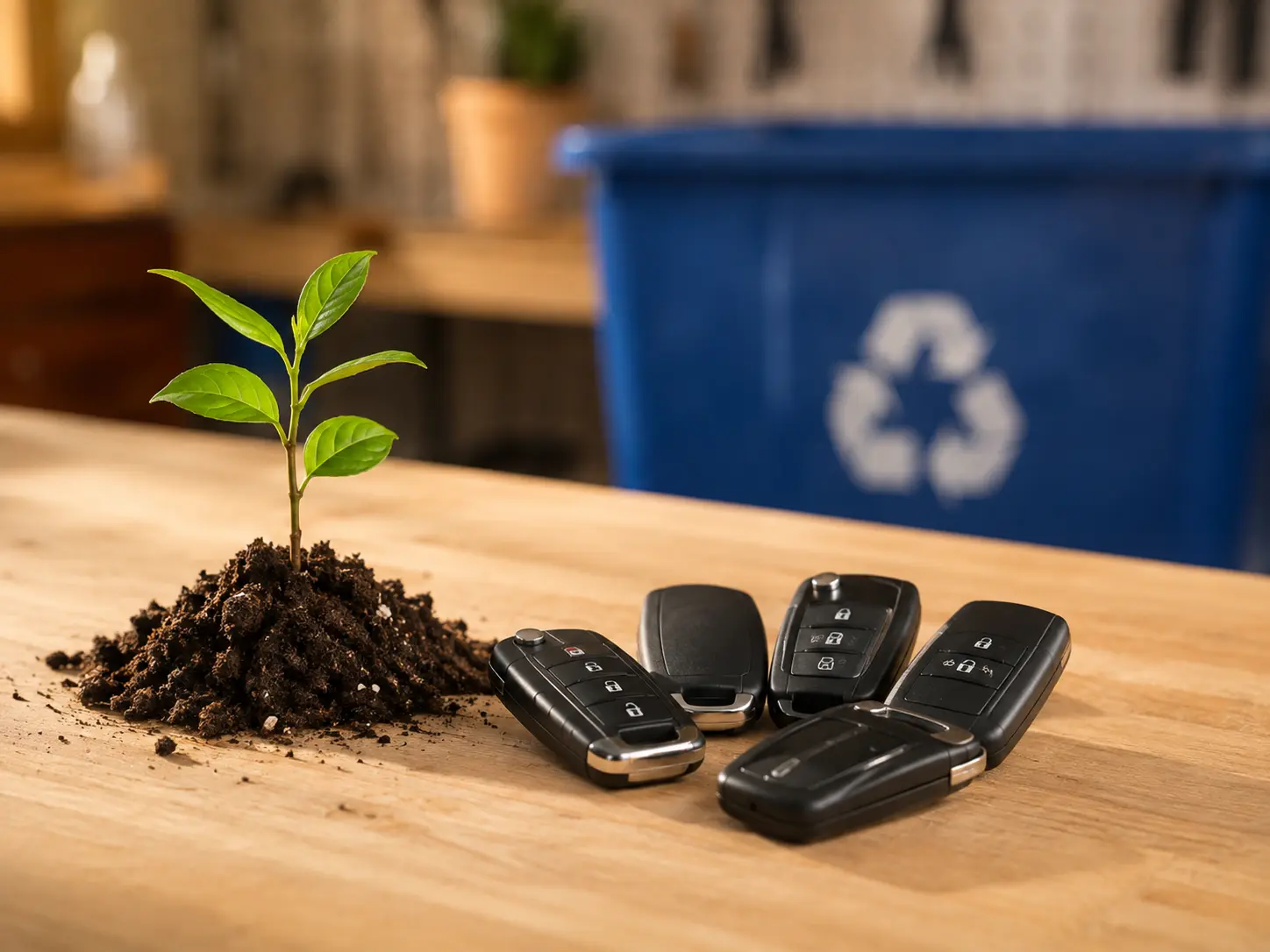 Used key fobs beside a seedling and recycling bin representing reuse and responsible recycling