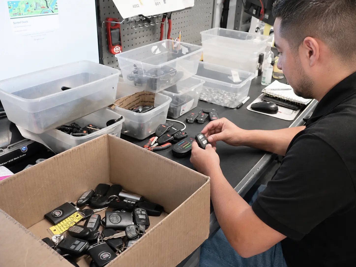 WBKF employee identifying and sorting a mixed batch of OEM key fobs at a workstation